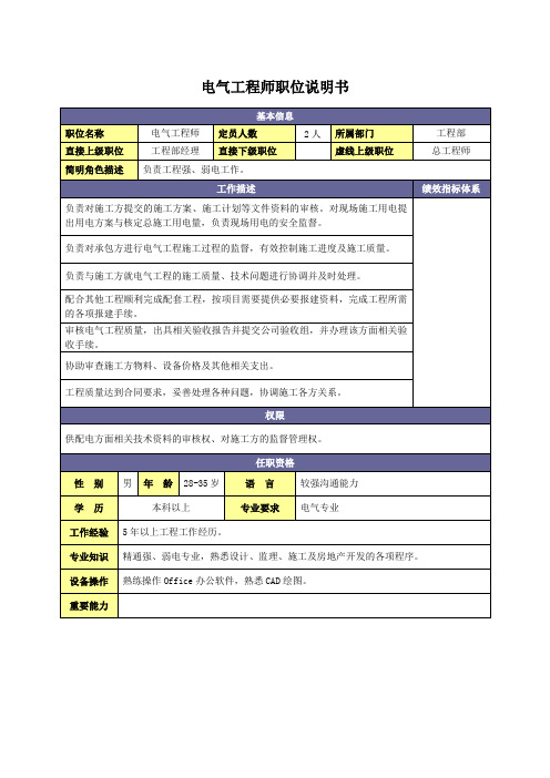 职位说明书：电气工程师