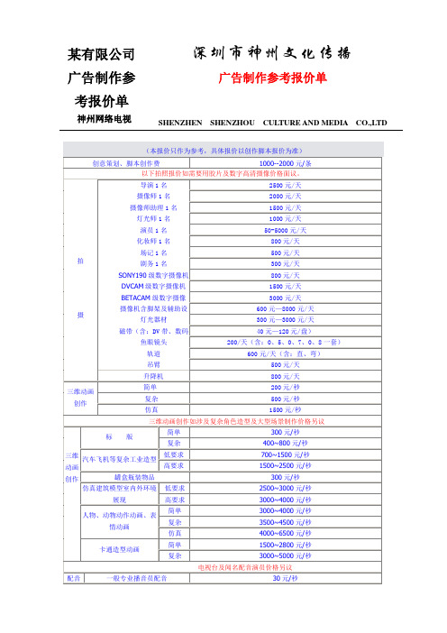 某有限公司广告制作参考报价单