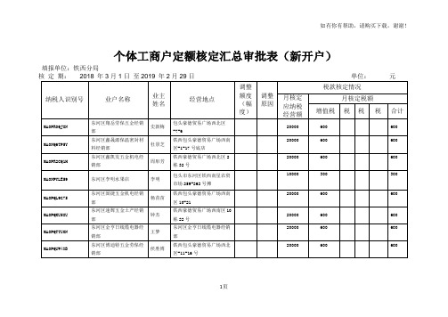 个体工商户定额核定汇总审批表新开户