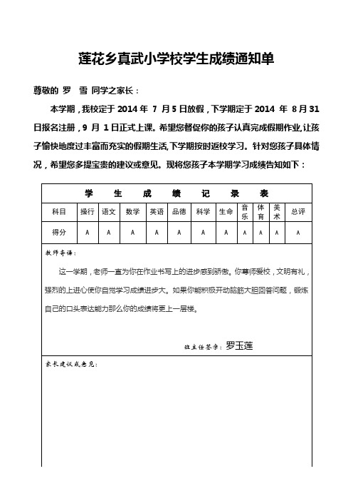 真武小学学生成绩通知单2