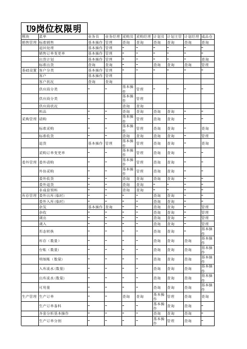 U9系统岗位权限明细