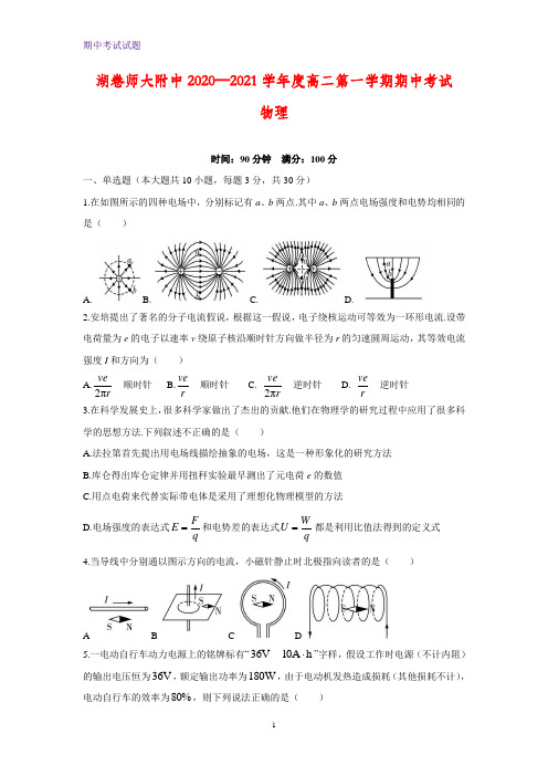 2020-2021学年湖南师大附中高二上学期期中考试物理试题(解析版)