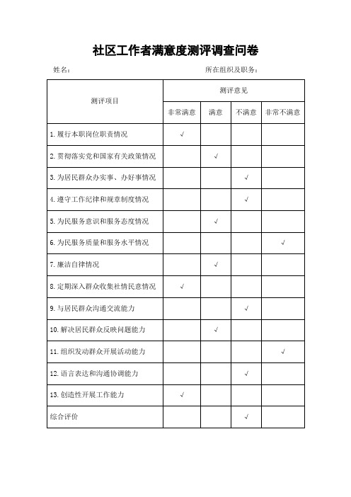 社区工作者满意度测评调查问卷