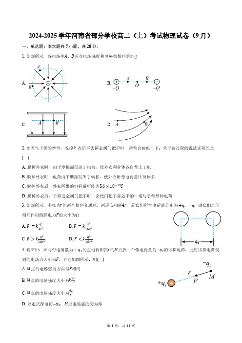 2024-2025学年河南省部分学校高二(上)考试物理试卷(9月)(含解析)