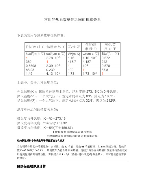 常用导热系数单位之间的换算关系