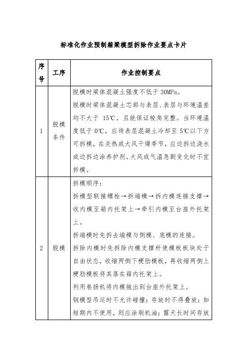 标准化作业预制箱梁模型拆除作业要点卡片