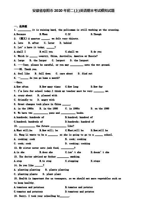 安徽省阜阳市2020年初二(上)英语期末考试模拟试题