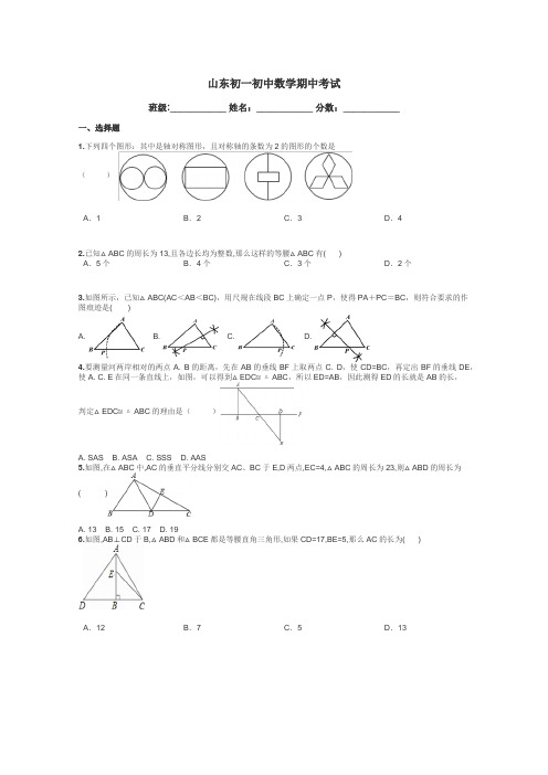 山东初一初中数学期中考试带答案解析
