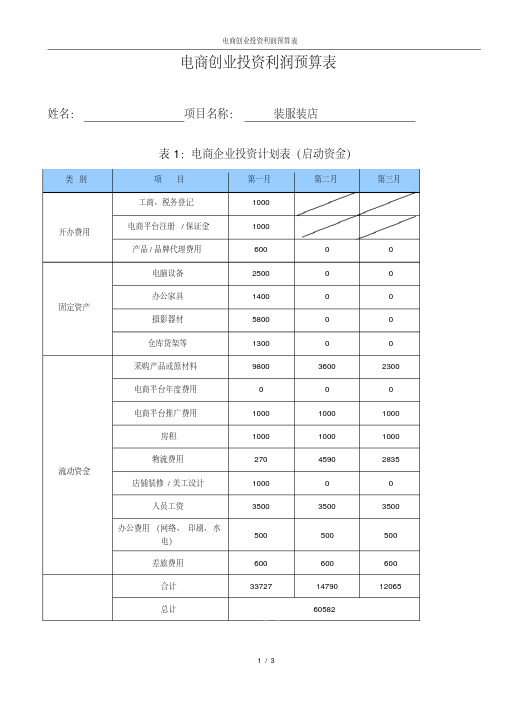 电商创业投资利润预算表