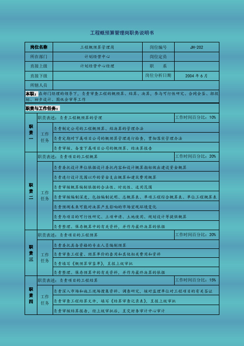 工程概预算管理岗职务说明书