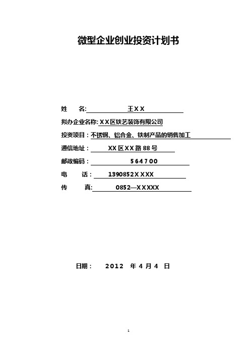 微型企业创业投资计划书(商业样本)