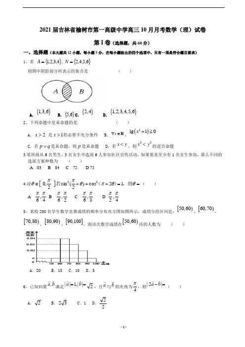 2021届吉林省榆树市第一高级中学高三10月月考数学(理)试卷