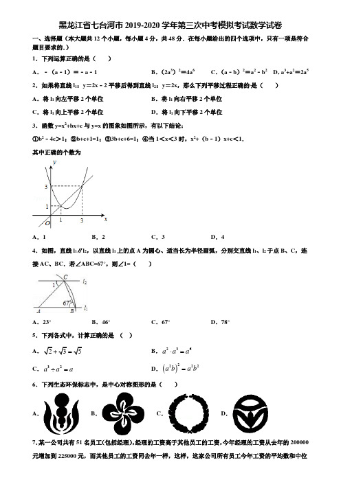 黑龙江省七台河市2019-2020学年第三次中考模拟考试数学试卷含解析