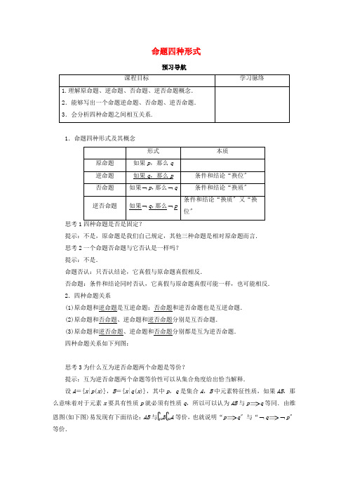 高中数学第一章常用逻辑用语1.3充分条件、必要条件与命题的四种形式1.3.2命题的四种形式预习导学案