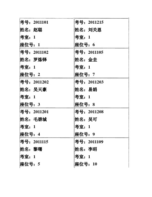 11级10月份月考考场座位标签1