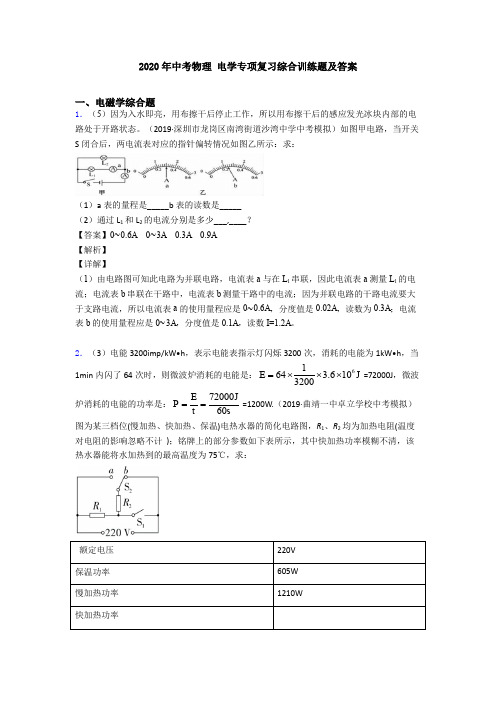 2020年中考物理 电学专项复习综合训练题及答案