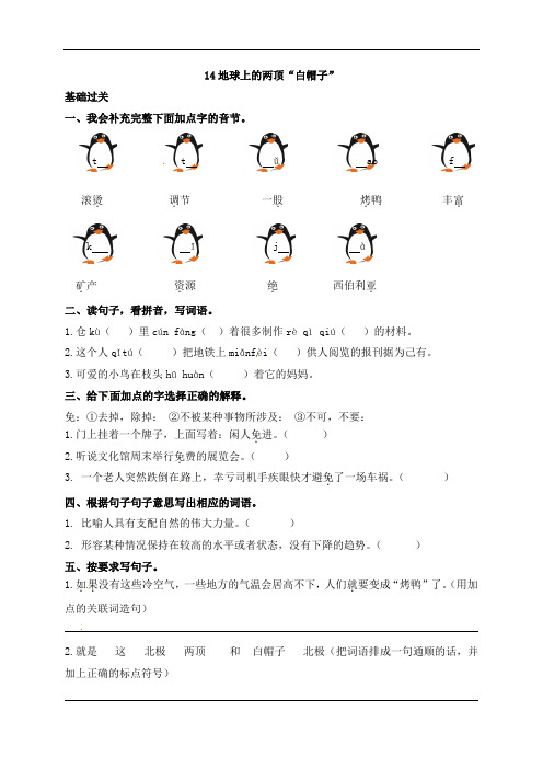 苏教版(2016)三年级上册语文一课一练-14.地球的两顶“白帽子”(含答案)