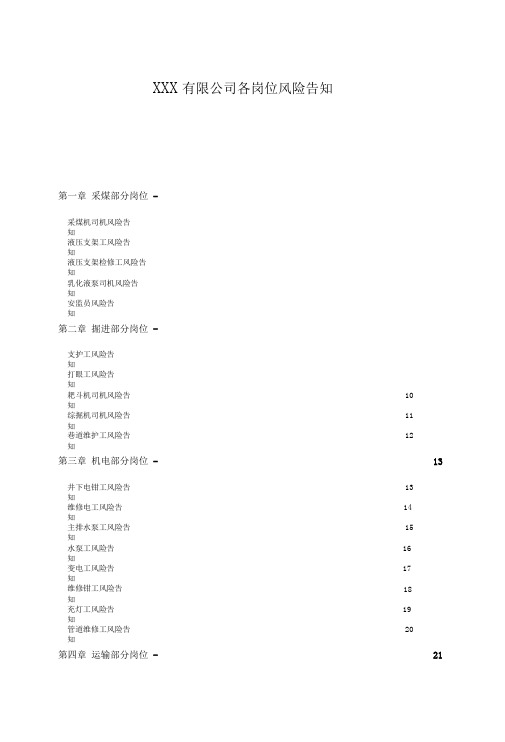 煤矿各岗位风险告知牌20194