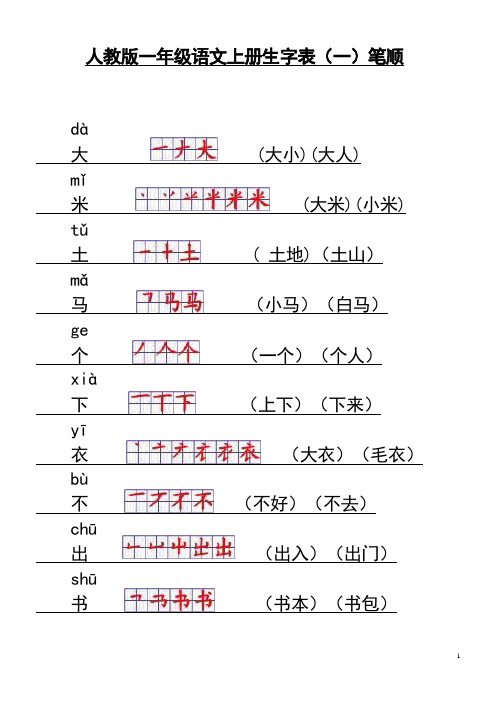 人教版一年级语文上册生字表笔顺表(Word)格式