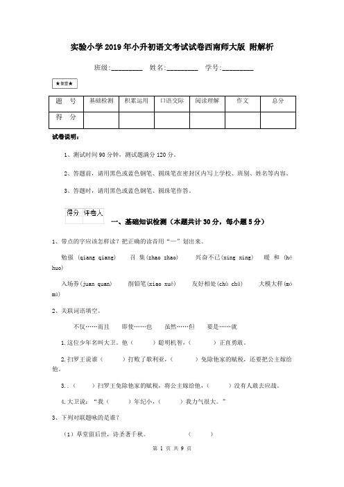 实验小学2019年小升初语文考试试卷西南师大版 附解析