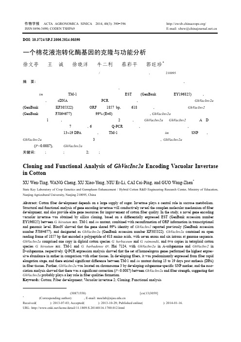 一个棉花液泡转化酶基因的克隆与功能分析