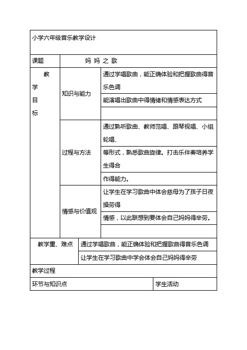 最新人音小学音乐三年级上册《5妈妈之歌》教学设计