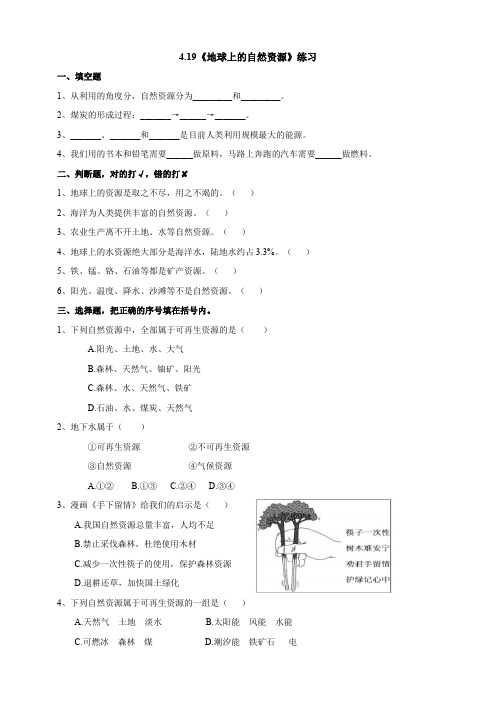 小学科学粤教粤科版六年级下册《419 地球上的自然资源》练习