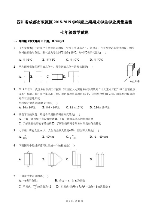 四川省成都市双流区2018-2019学年度上期期末学生学业质量监测七年级数学试题含答案