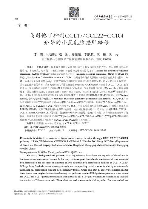乌司他丁抑制CCL17/CCL22-CCR4介导的小鼠乳腺癌肝转移