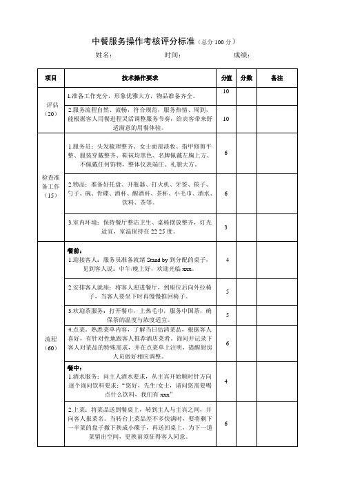 中餐服务操作考核评分标准