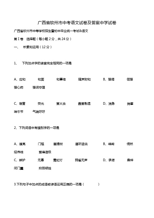 广西省钦州市中考语文试卷及答案中学试卷.doc