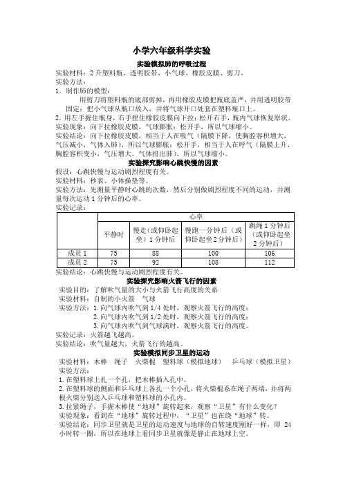 小学六年级下册科学实验