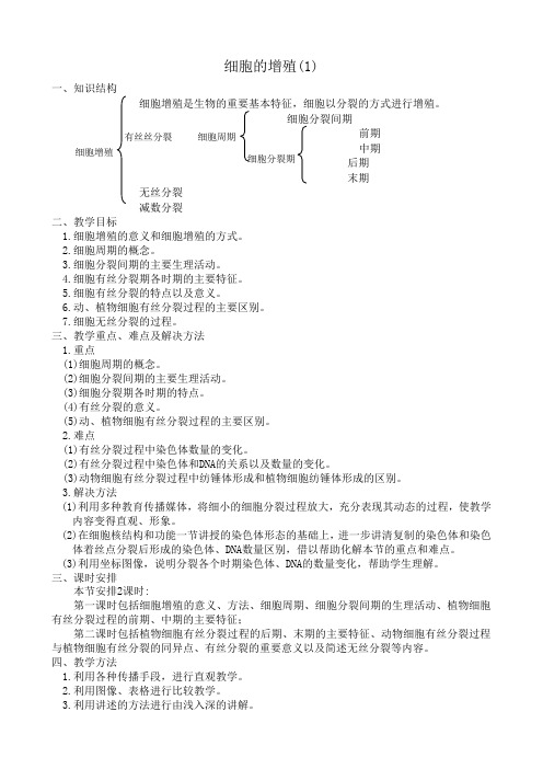 高中生物细胞的增殖教案(1)人教版 必修1