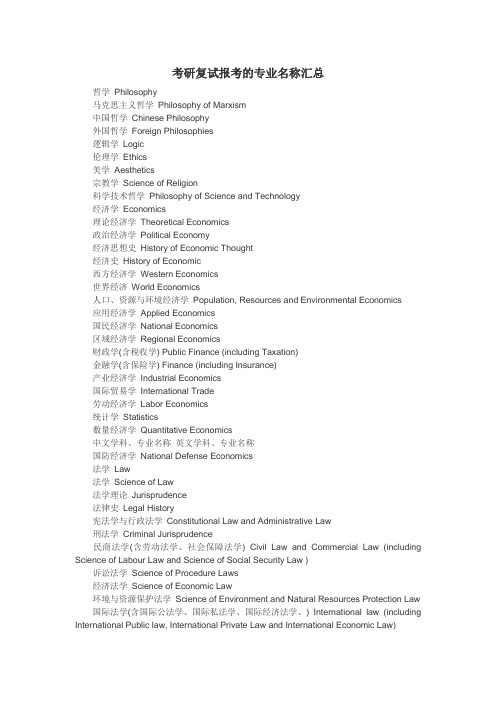 考研复试报考的专业名称_附英文全称_汇总