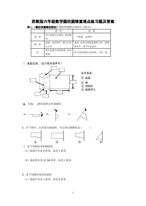 苏教版六年级数学圆柱和圆锥重难点练习题及答案