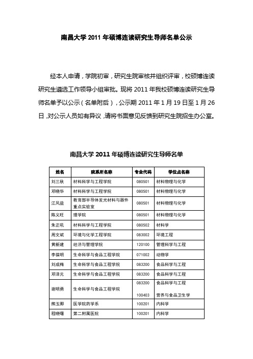 南昌大学2011年硕博连读研究生导师名单公示