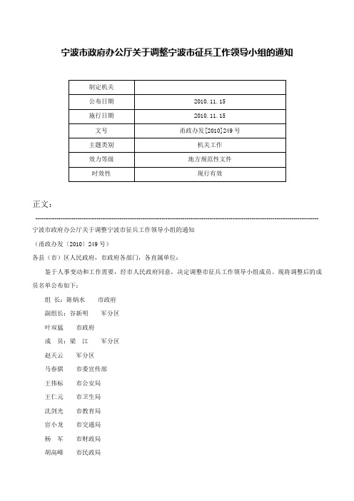 宁波市政府办公厅关于调整宁波市征兵工作领导小组的通知-甬政办发[2010]249号