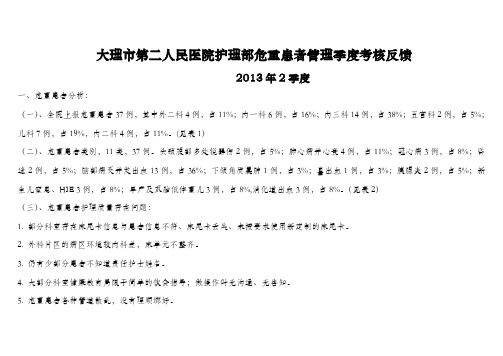 大理市第二人民医院护理部危重患者管理季度考核反馈