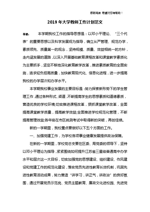 2019年大学教师工作计划范文