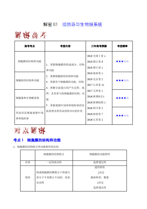 2019届高考生物二轮复习解密03细胞器与生物膜系统教案(全国通用)