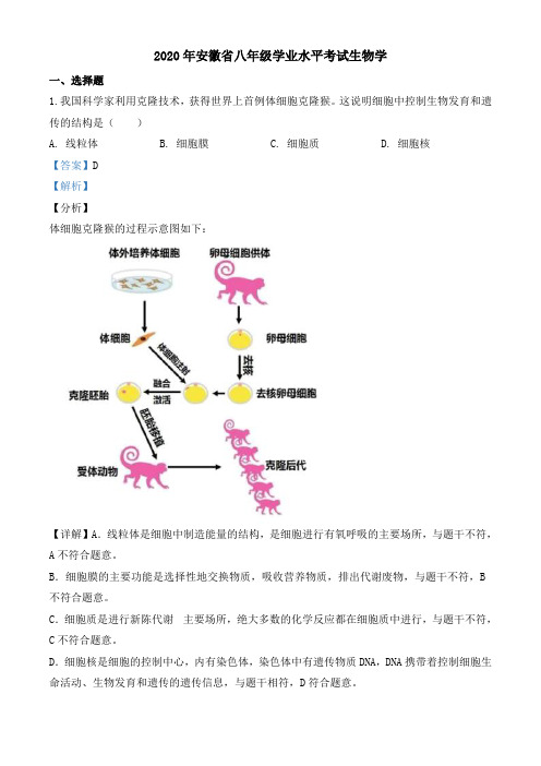 安徽省2020年中考生物试题(解析版)