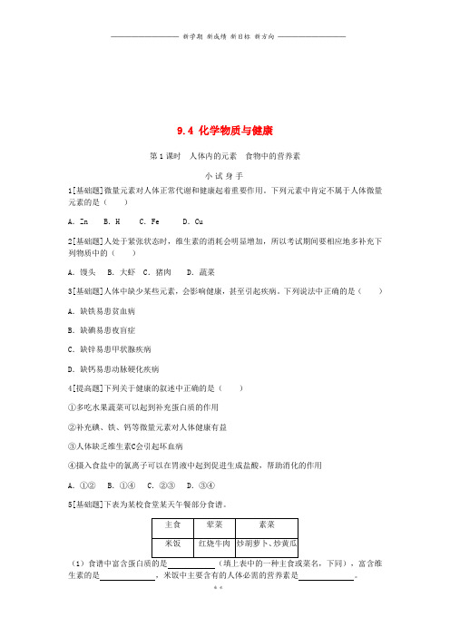 九年级化学下册第九章9.4化学物质与降第1课时人体内的元素食物中的营养素同步练习新版粤教版055