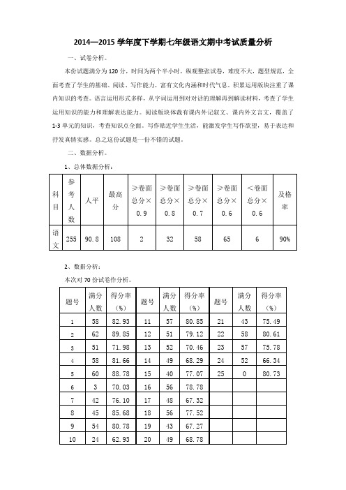 2014—2015学年度下学期七年级语文期中考试质量分析