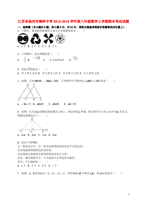 江苏省扬州市梅岭中学2015-2016学年度八年级数学上学期期末考试试题(含解析) 苏科版