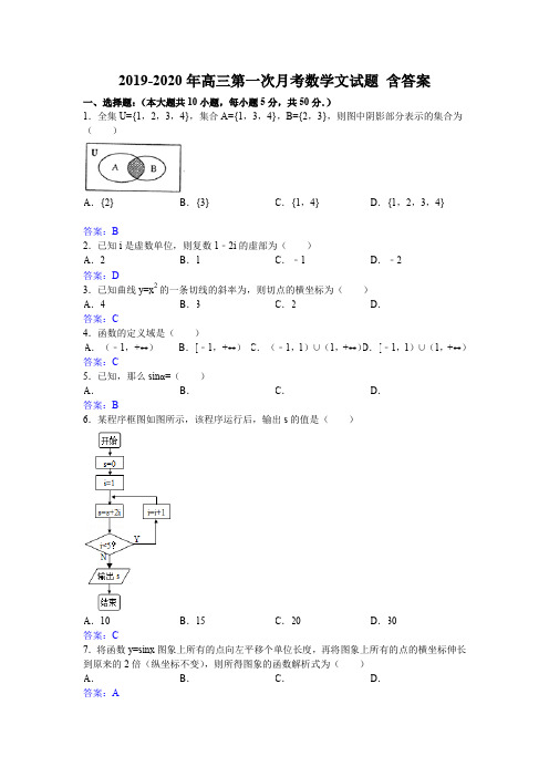 2019-2020年高三第一次月考数学文试题 含答案