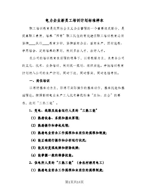 电力企业新员工培训计划标准样本(三篇)