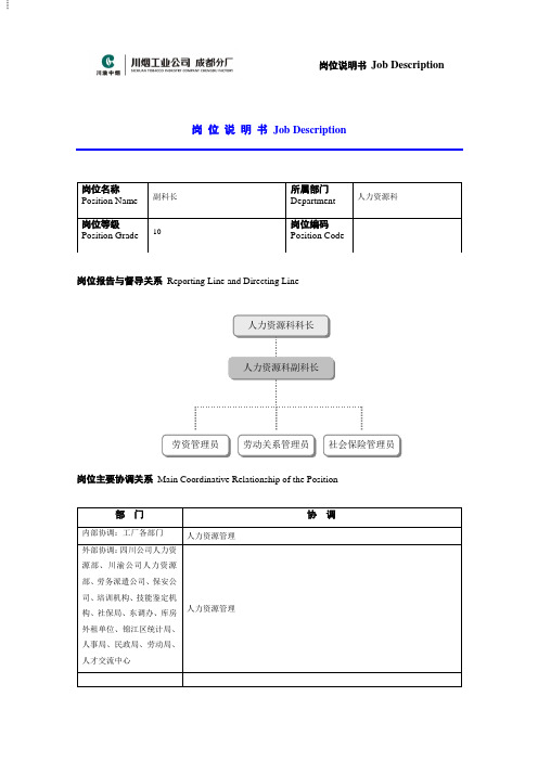 人力资源科副科长岗位说明书范例