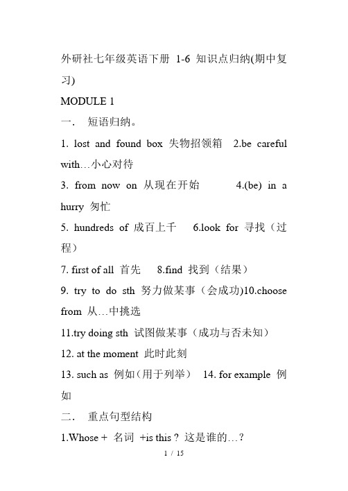 外研社七年级英语下册1-6知识点归纳(期中复习)