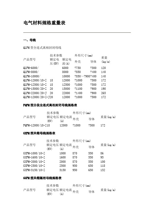 电气材料规格重量表