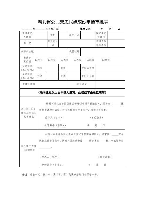 湖北公民变更民族成份申请审批表